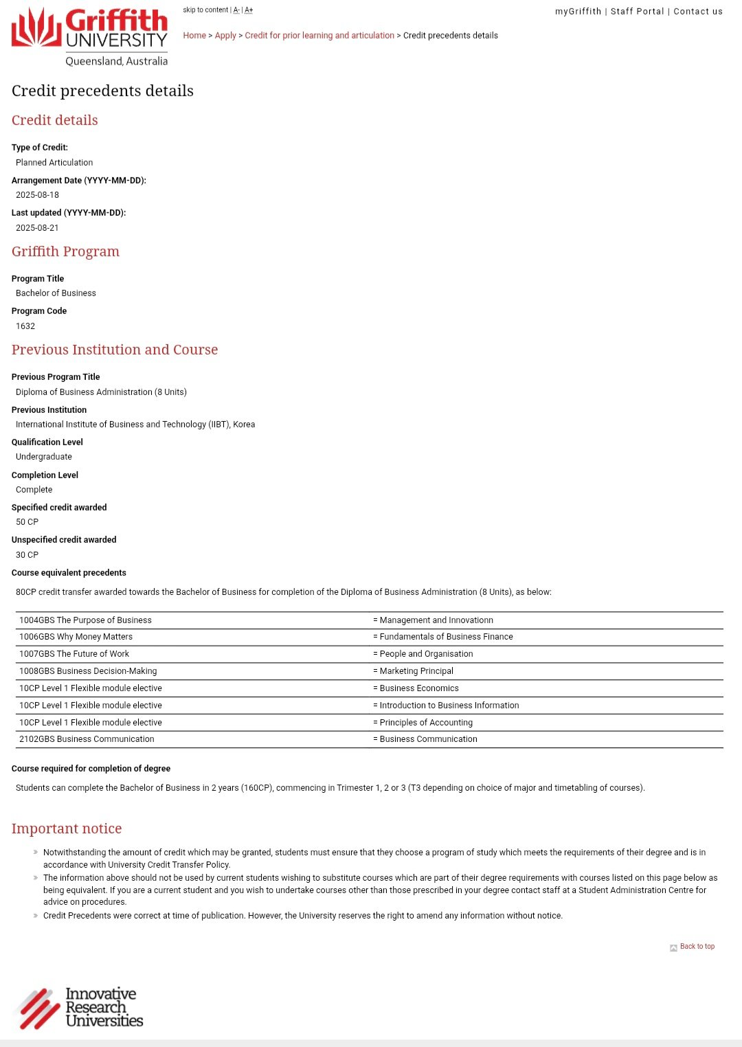 Griffith Business credit precedent